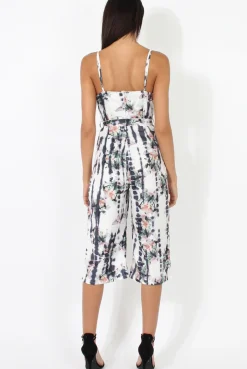 Rebellious Fashion White & Grey Tie Dye Floral Print Culotte Jumpsuit - Fiona