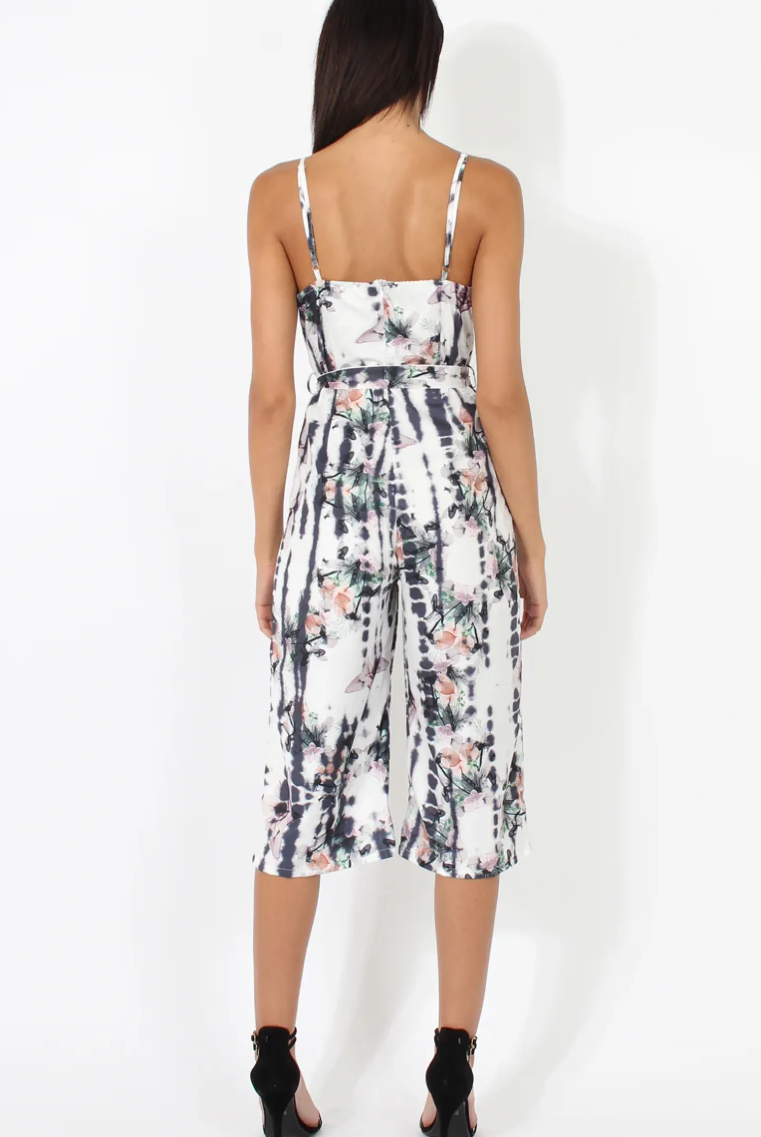 Rebellious Fashion White & Grey Tie Dye Floral Print Culotte Jumpsuit - Fiona