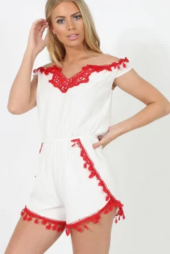 Rebellious Fashion White & Red Crochet V Front Playsuit - Florence