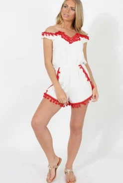 Rebellious Fashion White & Red Crochet V Front Playsuit - Florence