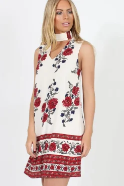 Rebellious Fashion White & Red Floral Cut Out Shift Dress - Harriet