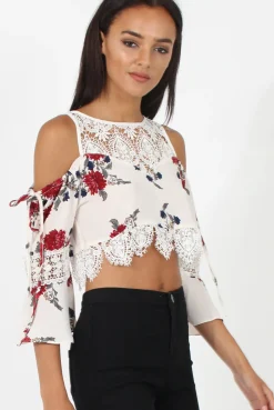 Rebellious Fashion White & Red Floral Print Cold Shoulder Crop Top - Juni