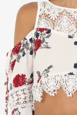 Rebellious Fashion White & Red Floral Print Cold Shoulder Crop Top - Juni