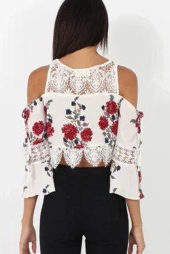 Rebellious Fashion White & Red Floral Print Cold Shoulder Crop Top - Juni