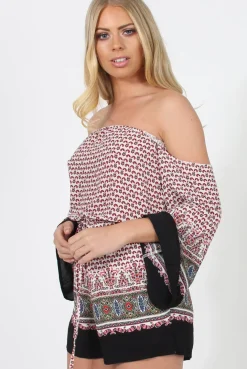 Rebellious Fashion White & Red Print Bardot Playsuit - Malaya