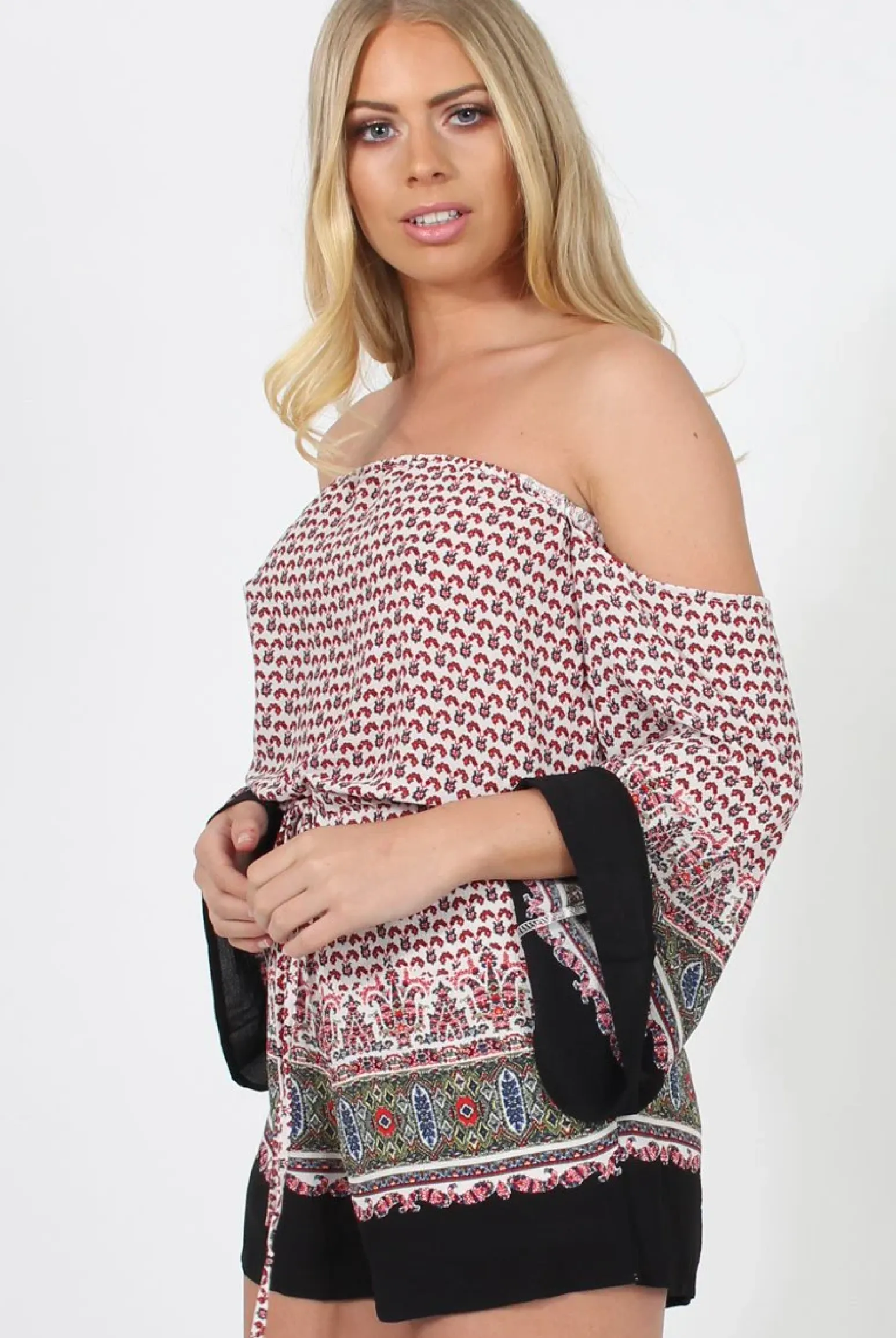 Rebellious Fashion White & Red Print Bardot Playsuit - Malaya