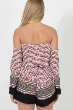 Rebellious Fashion White & Red Print Bardot Playsuit - Malaya