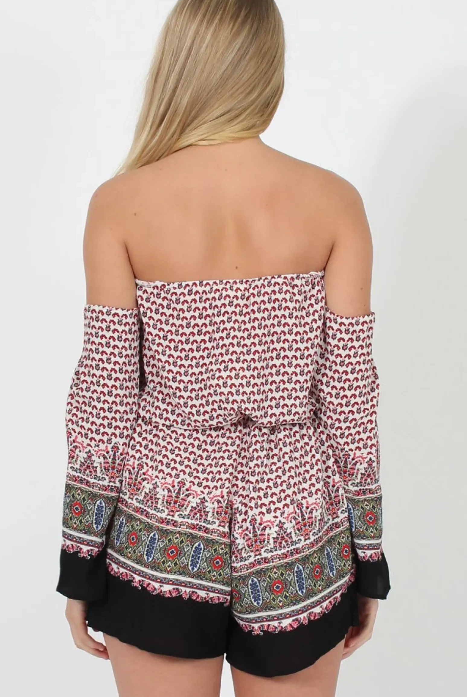 Rebellious Fashion White & Red Print Bardot Playsuit - Malaya