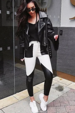 Rebellious Fashion White and Black Contrast Faux Leather Trousers - Pax