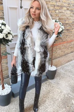 Rebellious Fashion White and Black Faux Fur Gilet - Jordana