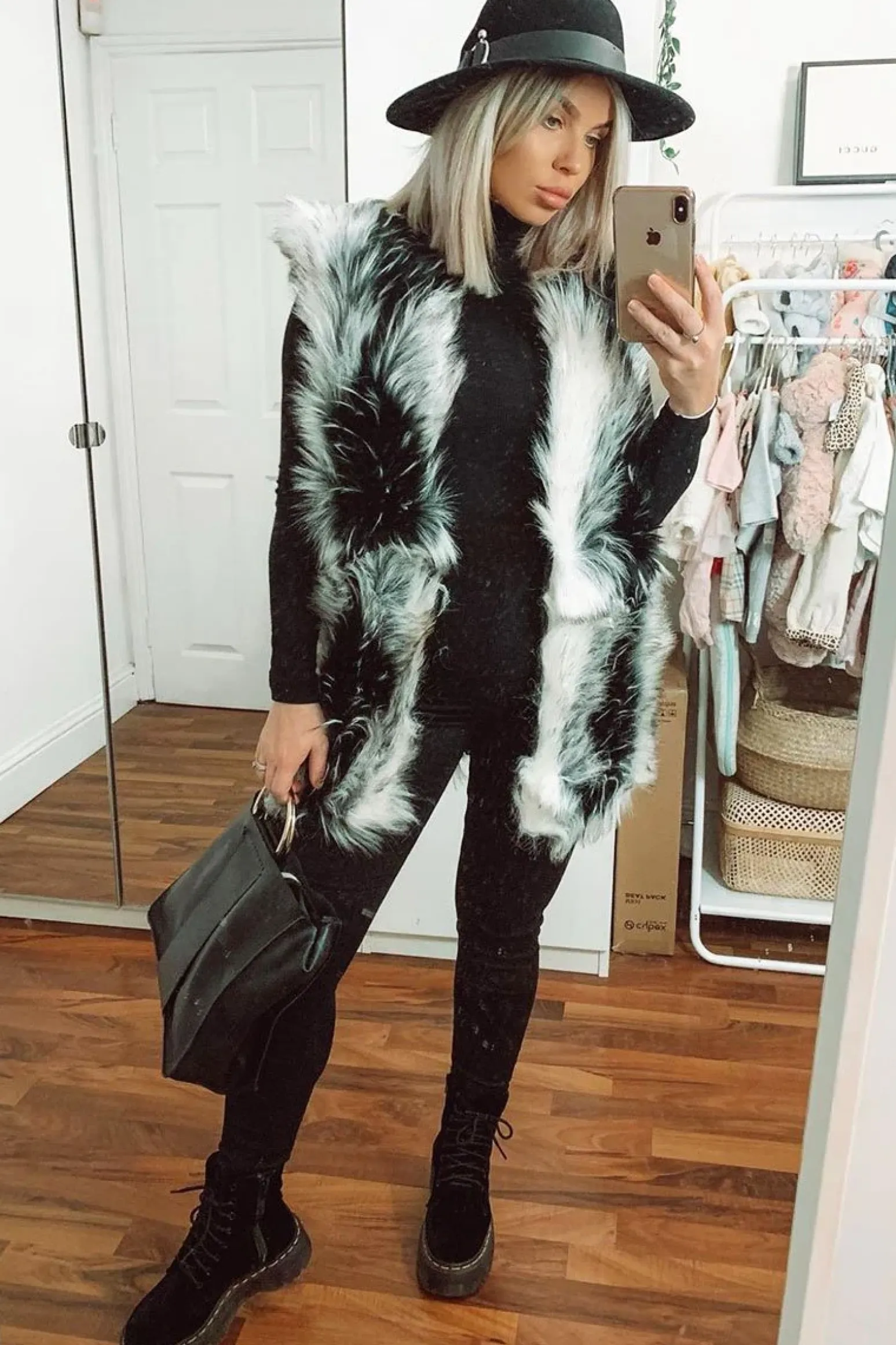 Rebellious Fashion White and Black Faux Fur Gilet - Jordana