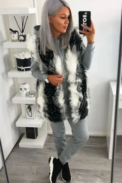 Rebellious Fashion White and Black Faux Fur Gilet - Jordana