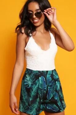 Rebellious Fashion White and Black Lace and Palm Leaf Print Playsuit - Tarini