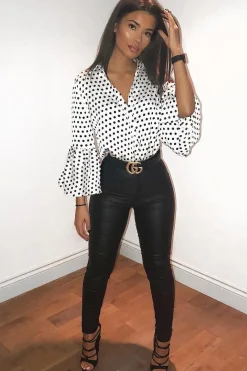 Rebellious Fashion White and Black Polka Dot Shirt with Bell Sleeves - Harper