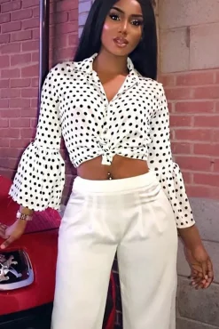 Rebellious Fashion White and Black Polka Dot Shirt with Bell Sleeves - Harper
