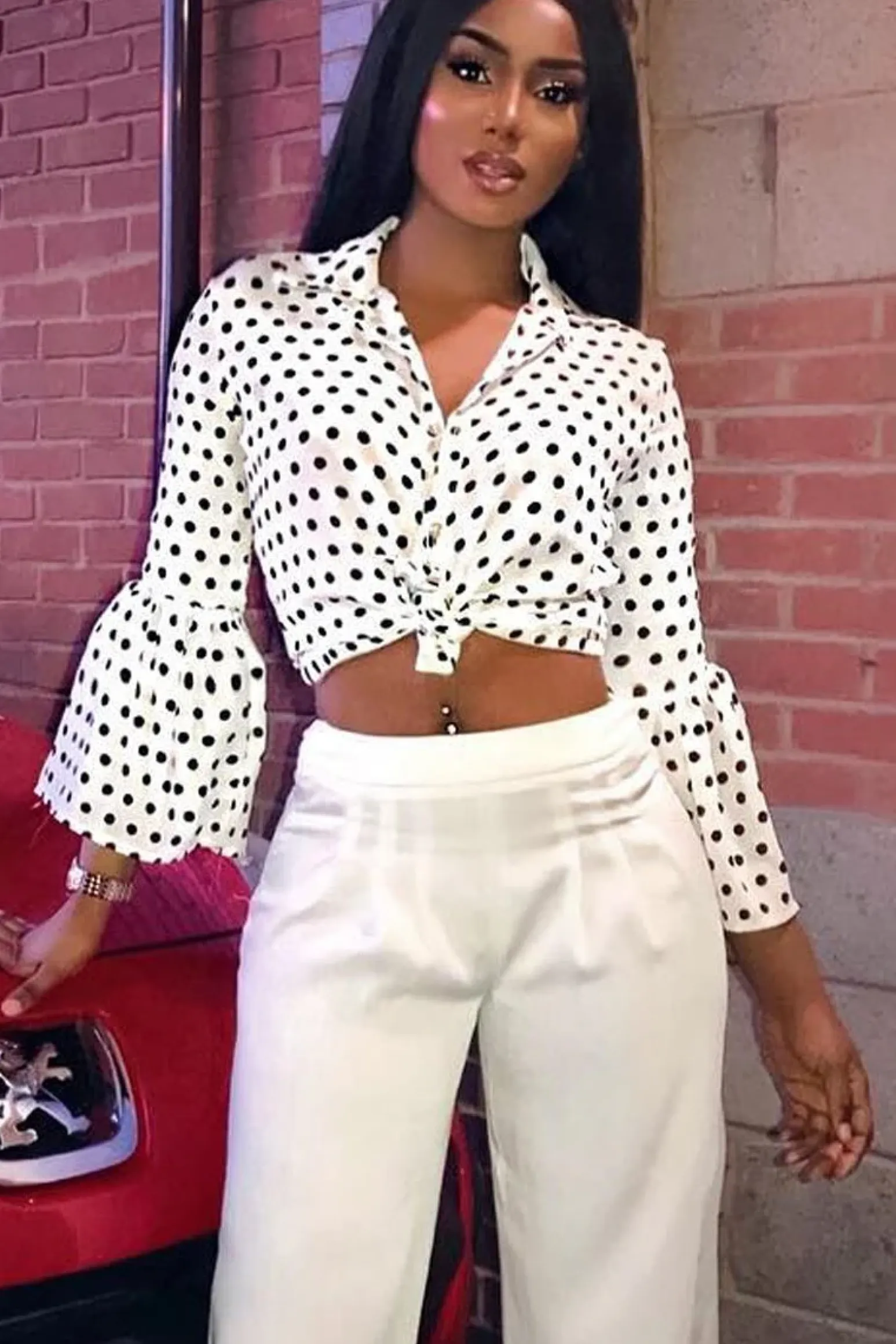Rebellious Fashion White and Black Polka Dot Shirt with Bell Sleeves - Harper