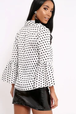 Rebellious Fashion White and Black Polka Dot Shirt with Bell Sleeves - Harper