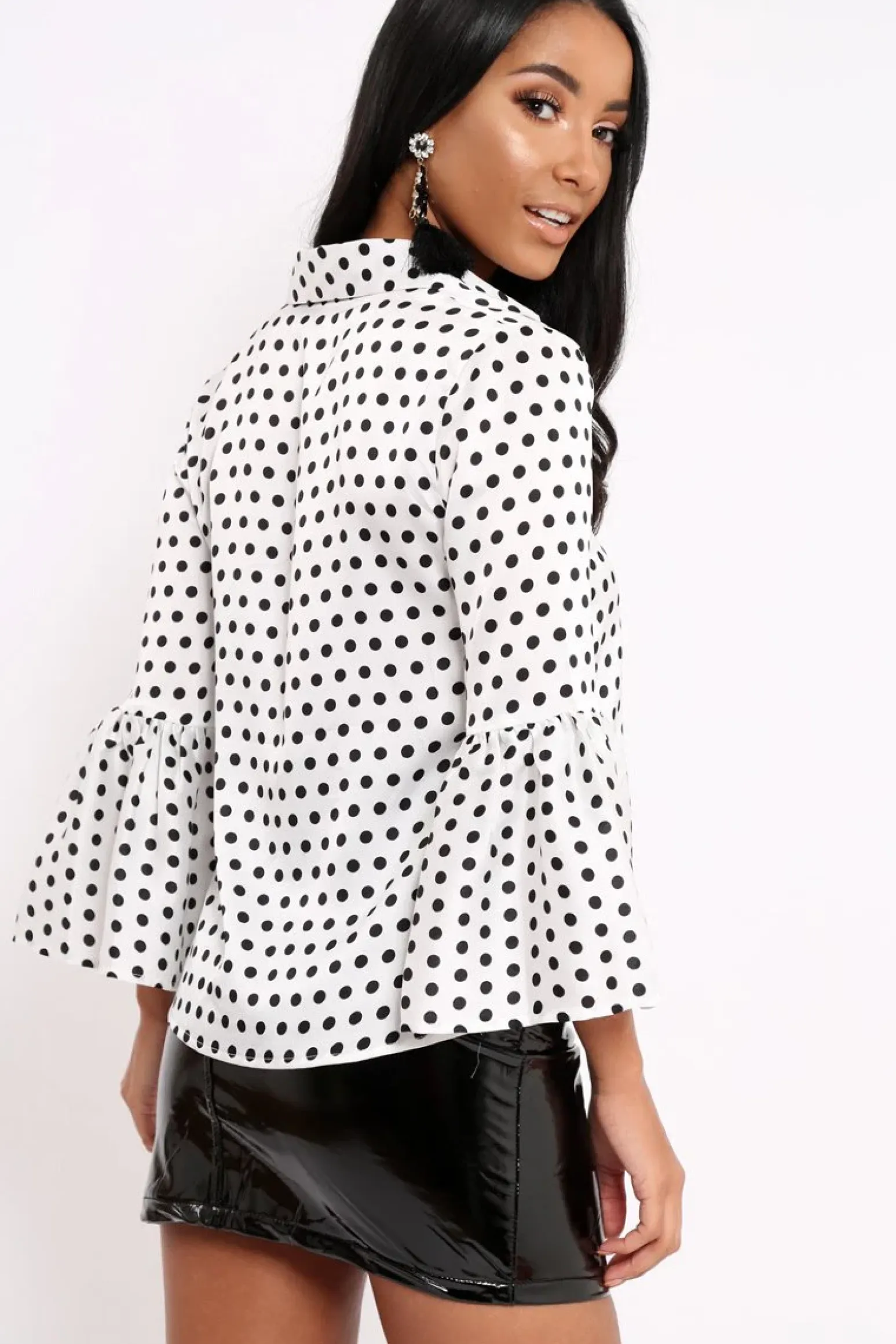 Rebellious Fashion White and Black Polka Dot Shirt with Bell Sleeves - Harper