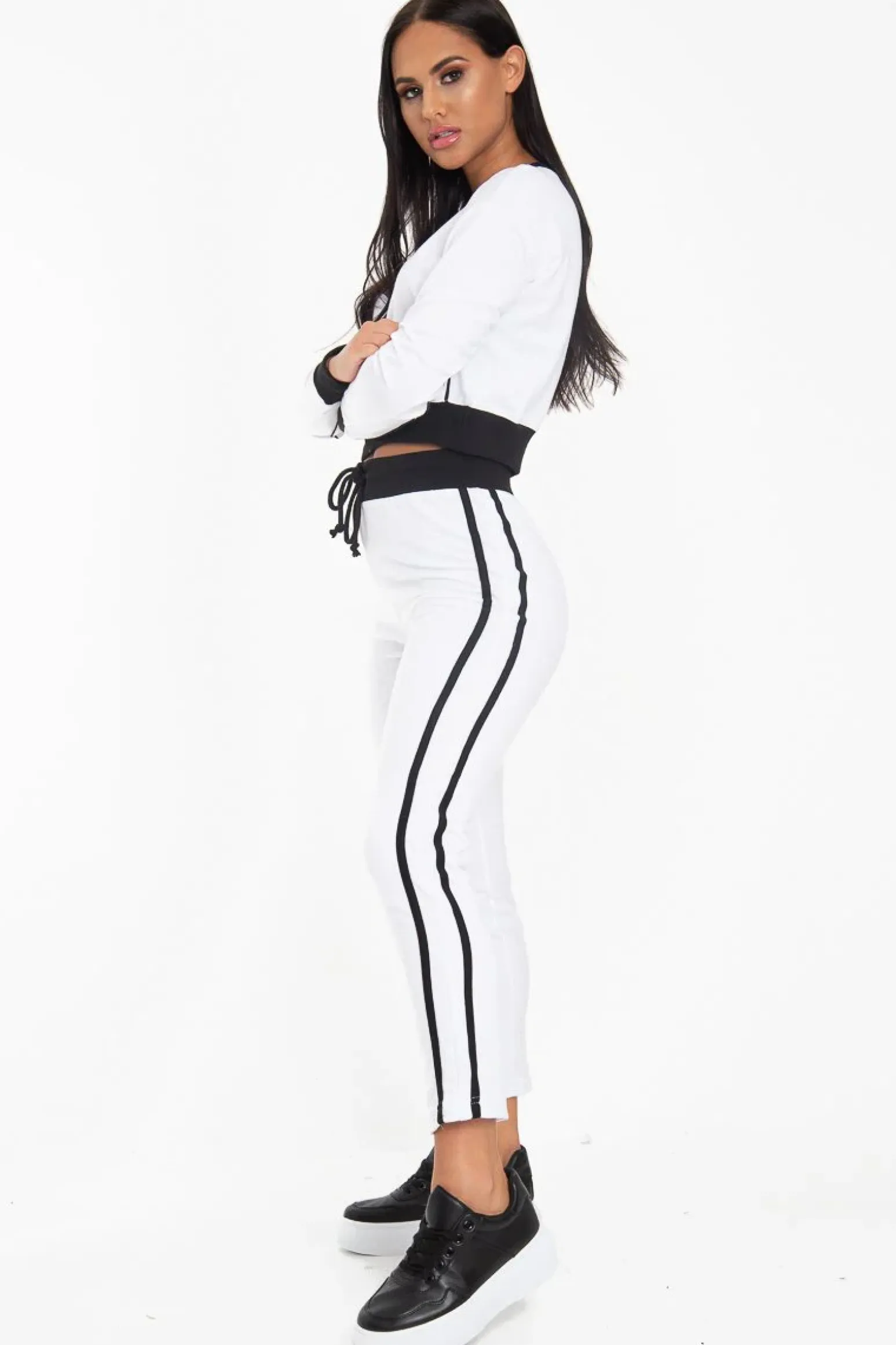 Rebellious Fashion White and Black Side Stripe Sweatshirt and Jogger Set - Miliany