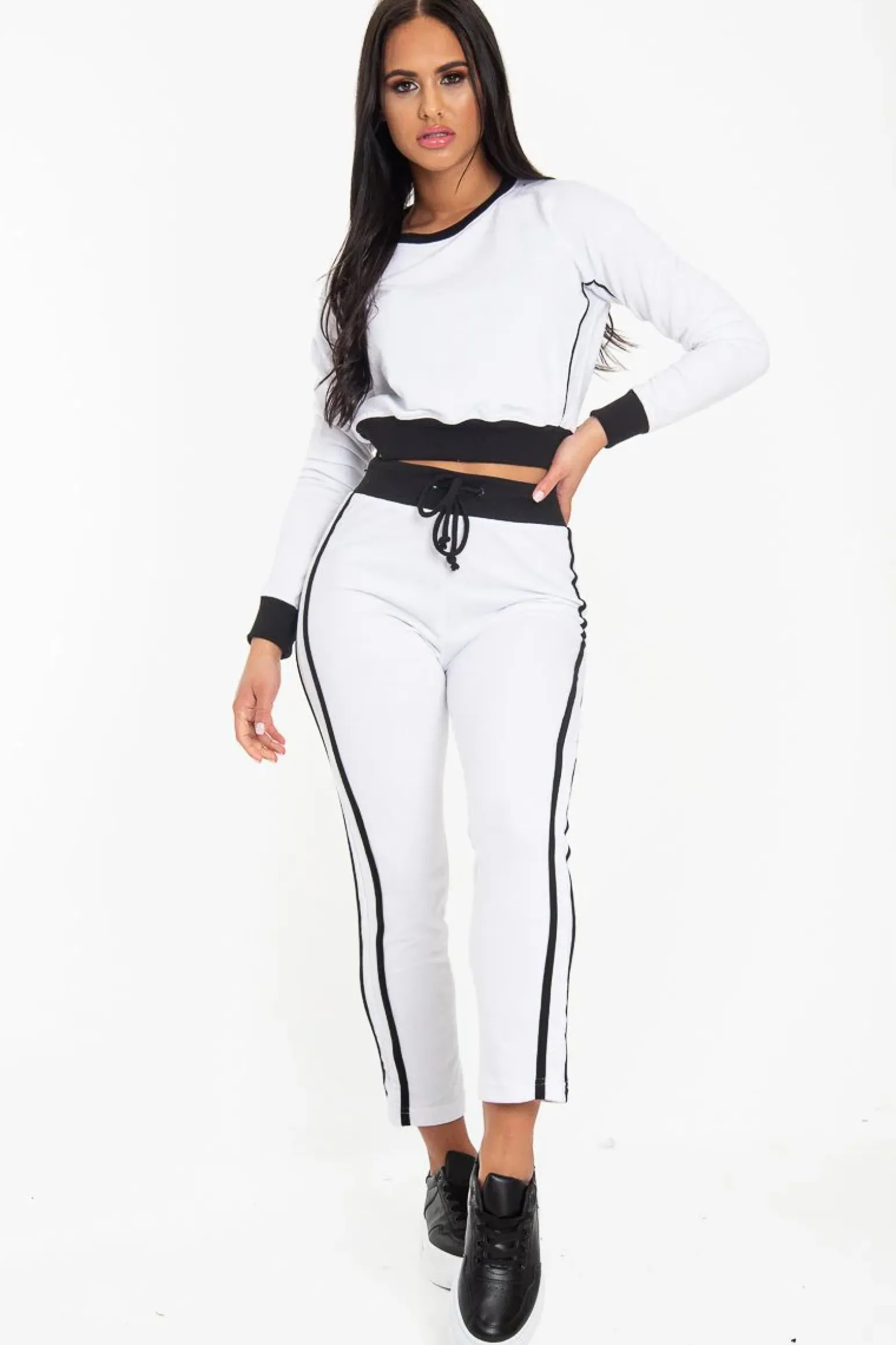 Rebellious Fashion White and Black Side Stripe Sweatshirt and Jogger Set - Miliany