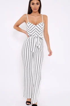 Rebellious Fashion White and Black Striped Cami Jumpsuit - Helena