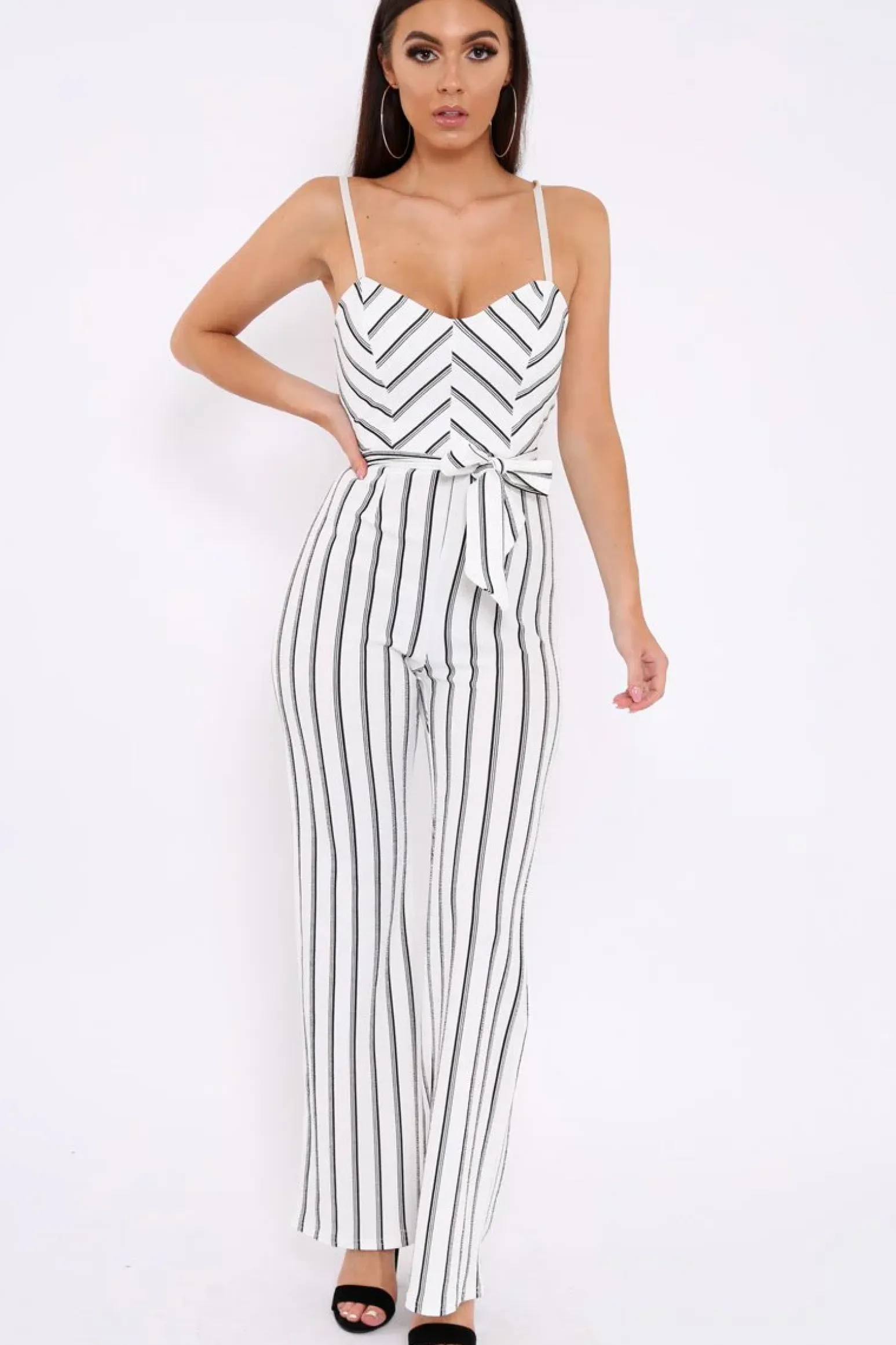 Rebellious Fashion White and Black Striped Cami Jumpsuit - Helena