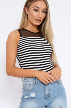 Rebellious Fashion White and Black Stripe Mesh Detail Bodysuit - Lakendra