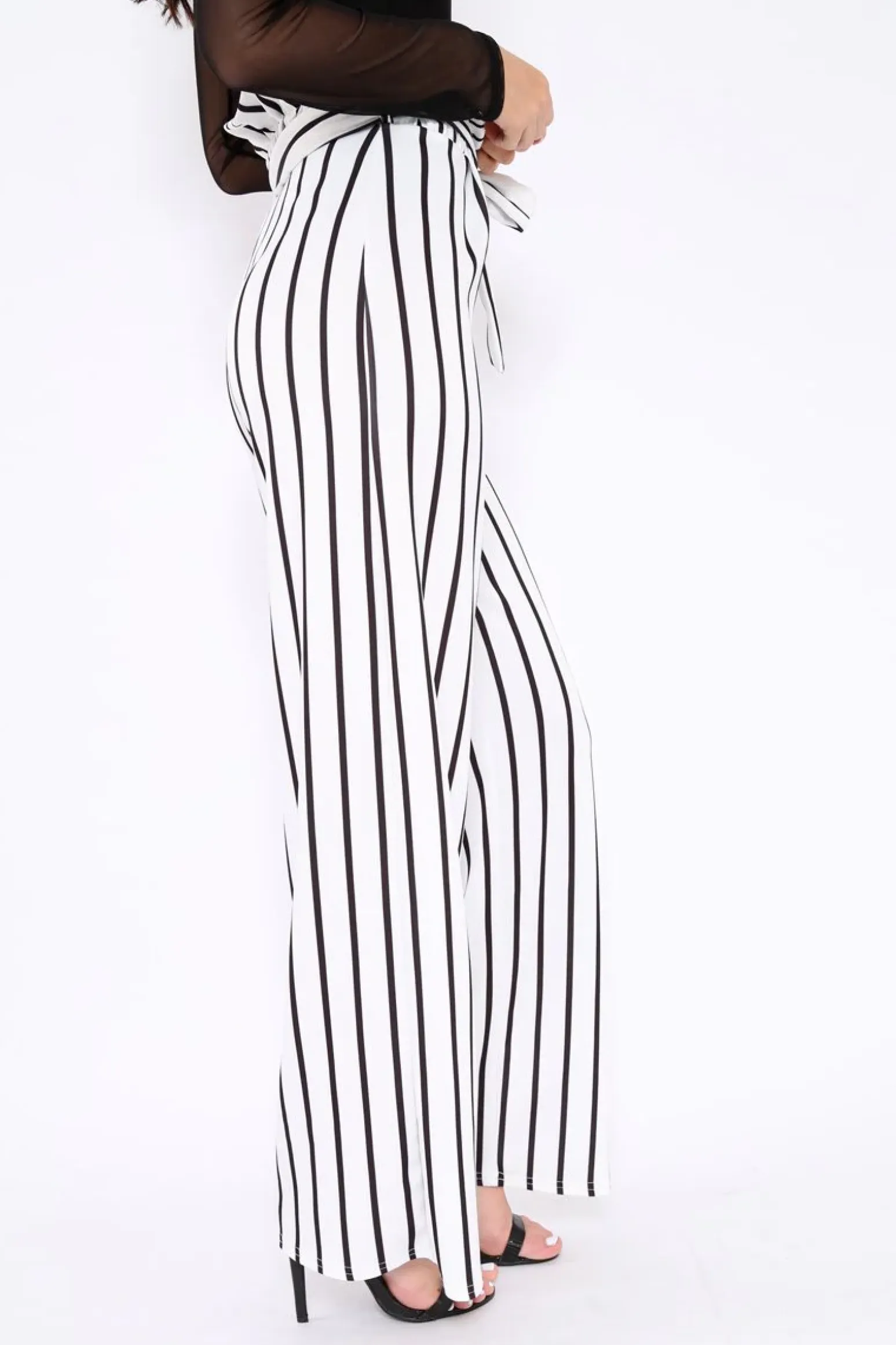 Rebellious Fashion White and Black Stripe Paper Bag Tie Waist Wide Leg Trousers - Kennedy