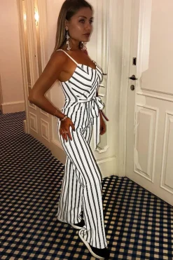 Rebellious Fashion White and Black Stripe Plunge Tie Waist Jumpsuit - Tashi