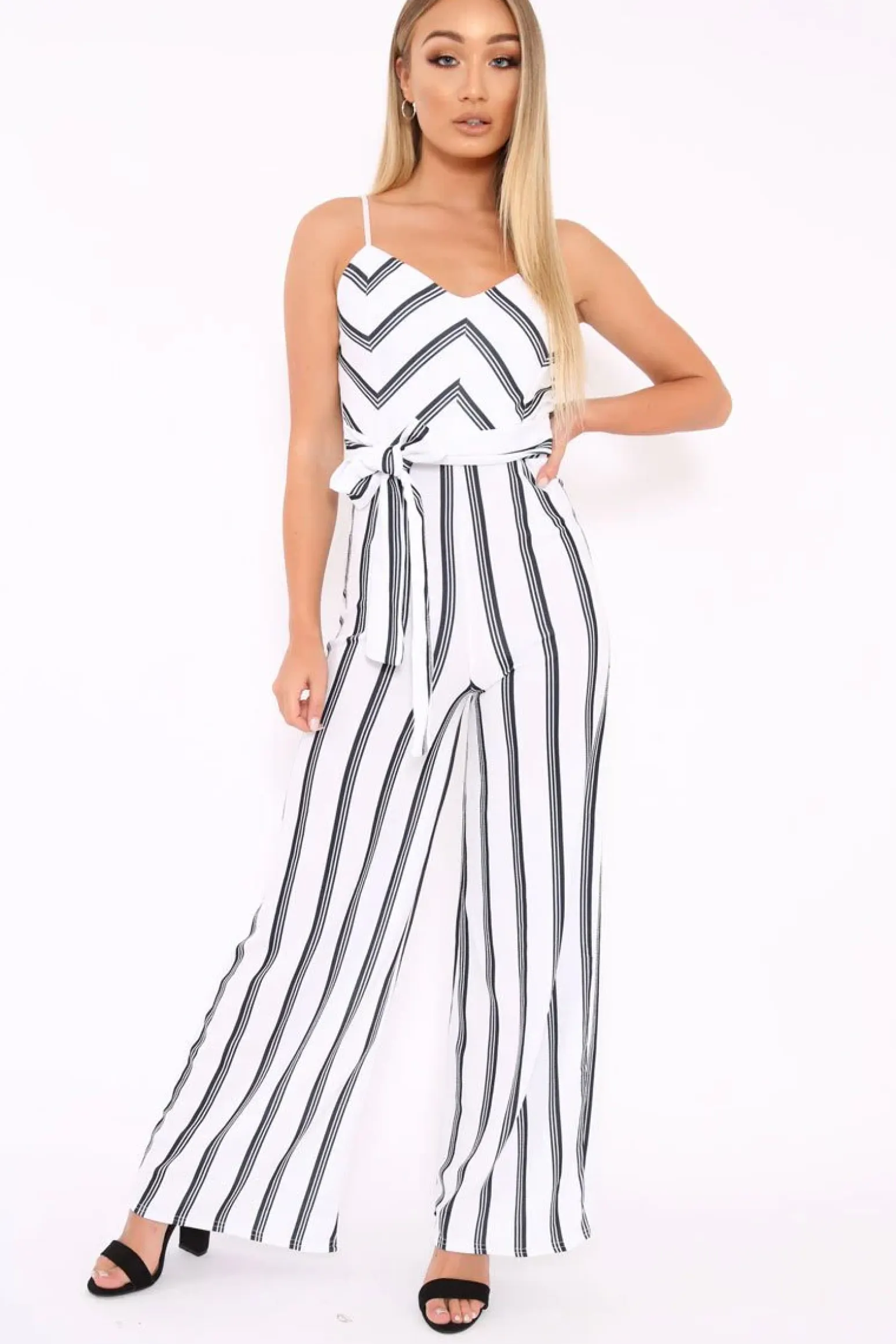 Rebellious Fashion White and Black Stripe Plunge Tie Waist Jumpsuit - Tashi
