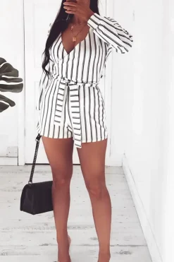 Rebellious Fashion White And Black Stripe Wrap Over Playsuit - Havannah