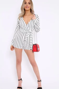 Rebellious Fashion White And Black Stripe Wrap Over Playsuit - Havannah
