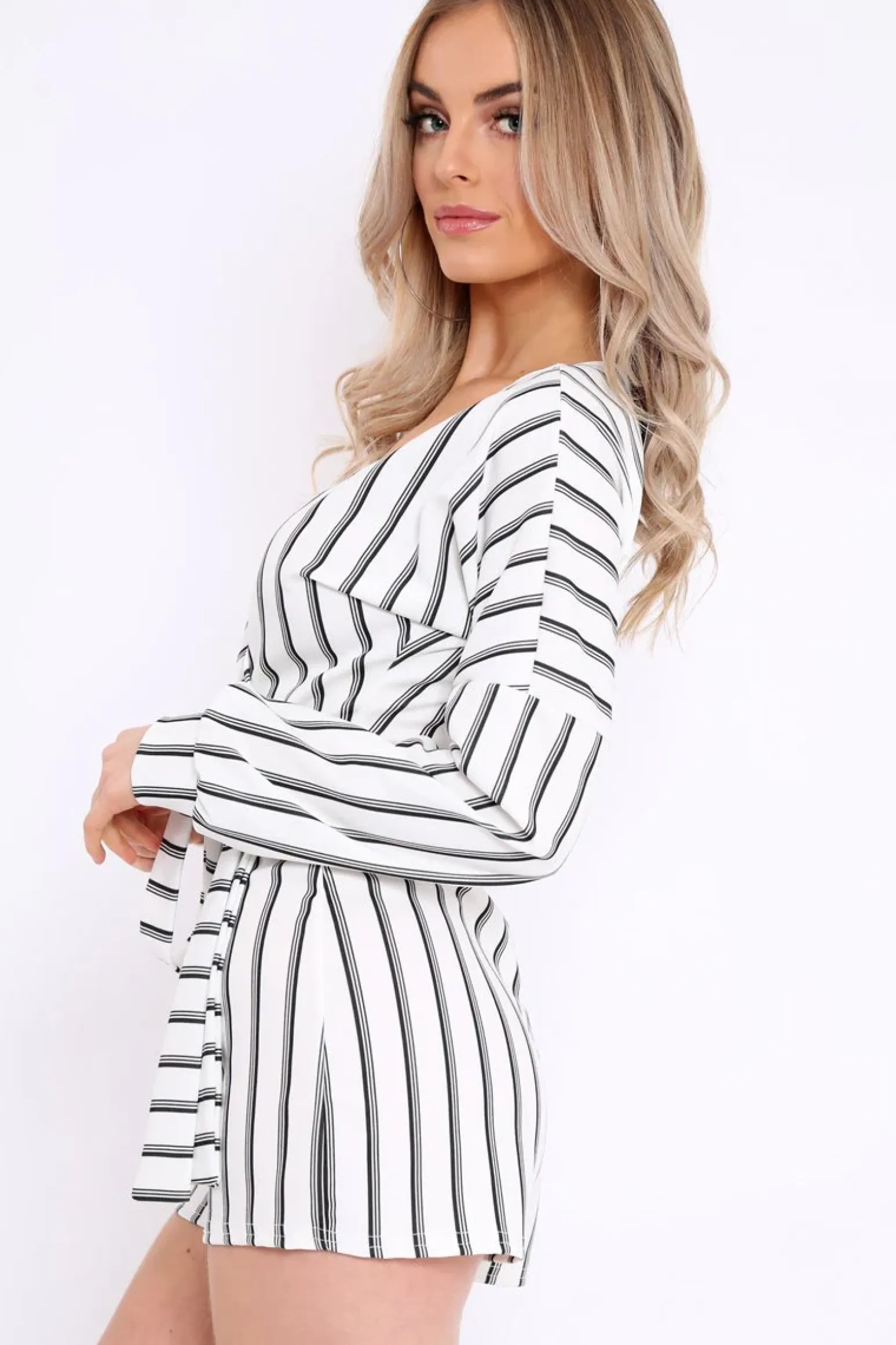 Rebellious Fashion White And Black Stripe Wrap Over Playsuit - Havannah