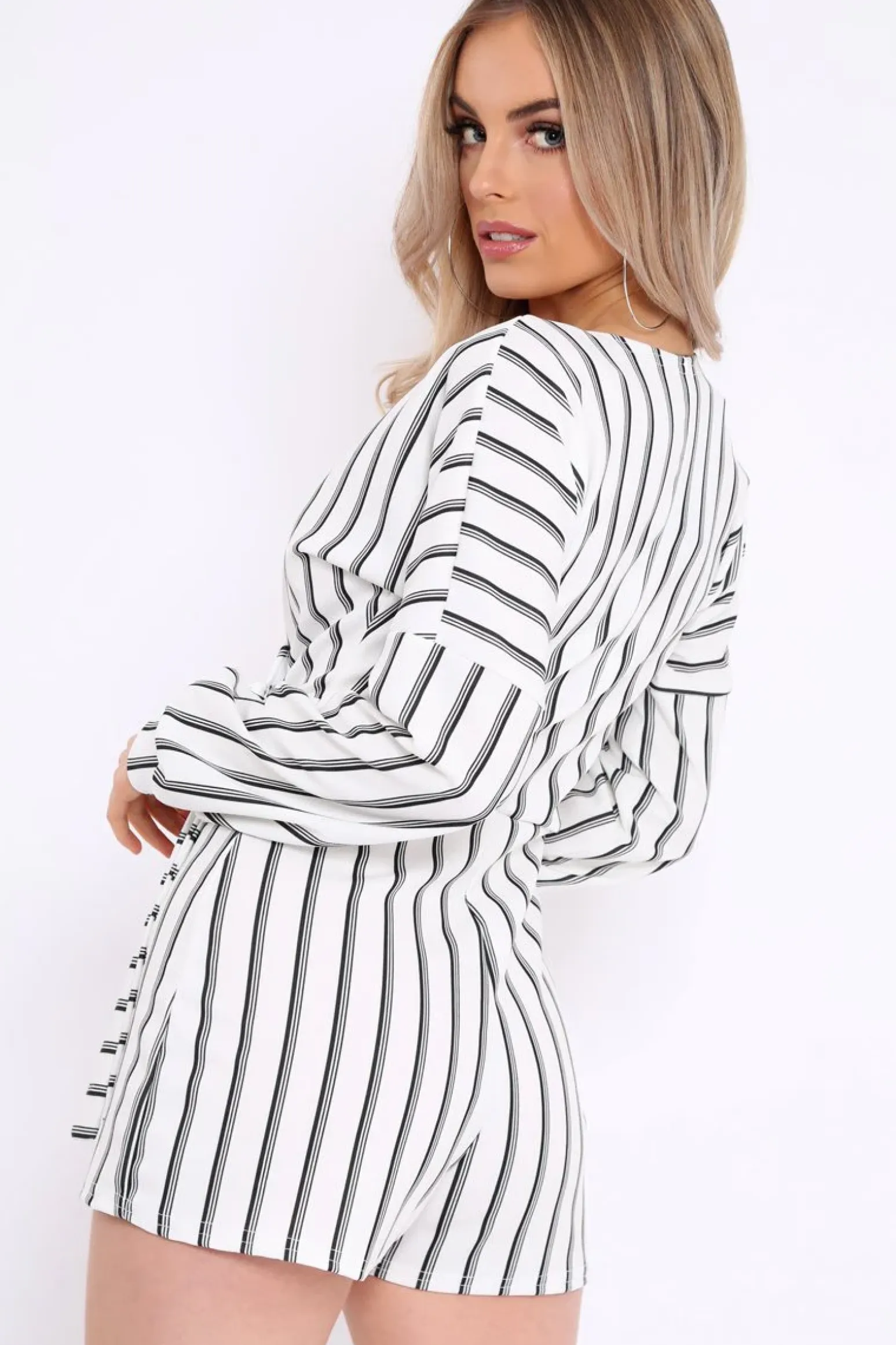 Rebellious Fashion White And Black Stripe Wrap Over Playsuit - Havannah