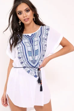Rebellious Fashion White and Blue Embroidery Dress - Cayley
