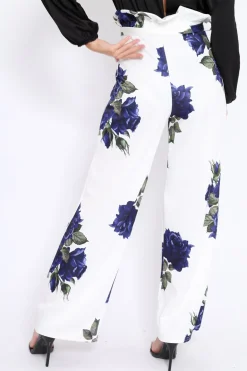 Rebellious Fashion White and Blue Floral Paper Bag Tie Waist Wide Leg Trousers - Kennedy
