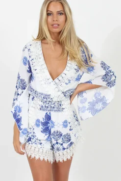 Rebellious Fashion White and Blue Floral Pattern Playsuit - Cassandra