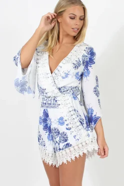 Rebellious Fashion White and Blue Floral Pattern Playsuit - Cassandra