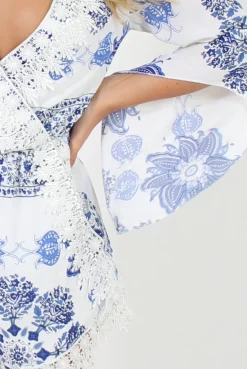 Rebellious Fashion White and Blue Floral Pattern Playsuit - Cassandra