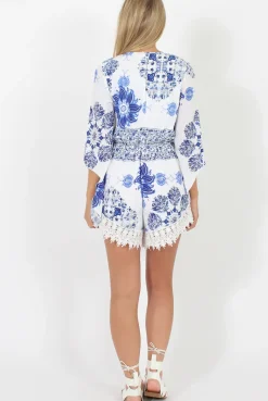 Rebellious Fashion White and Blue Floral Pattern Playsuit - Cassandra