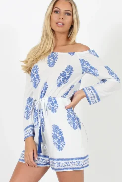 Rebellious Fashion White and Blue Paisley Pattern Off Shoulder Playsuit - Siobhan