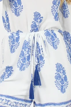 Rebellious Fashion White and Blue Paisley Pattern Off Shoulder Playsuit - Siobhan