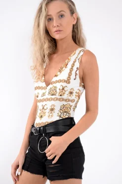 Rebellious Fashion White And Gold Chain Print Bodysuit - Neah