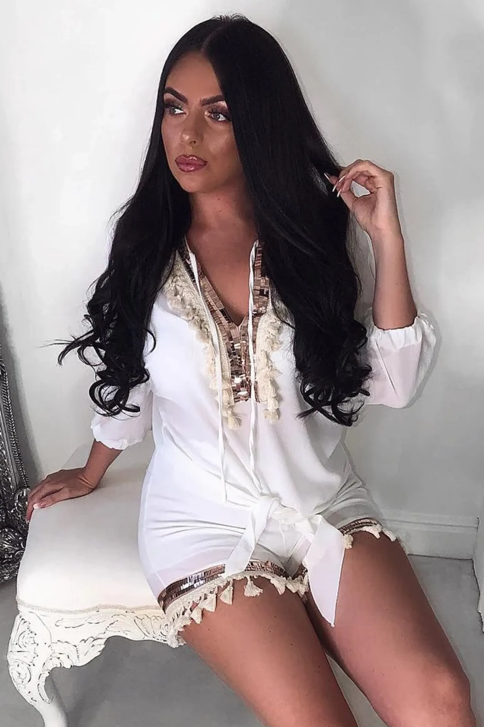 Rebellious Fashion White And Gold Embellished Kaftan Top And Shorts Co- Ord -Sylviana