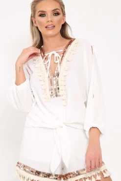 Rebellious Fashion White And Gold Embellished Kaftan Top And Shorts Co- Ord -Sylviana