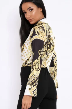 Rebellious Fashion White and Gold Scarf Print Satin Plunge Bodysuit - Moniqua