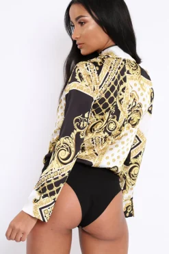 Rebellious Fashion White and Gold Scarf Print Satin Plunge Bodysuit - Moniqua
