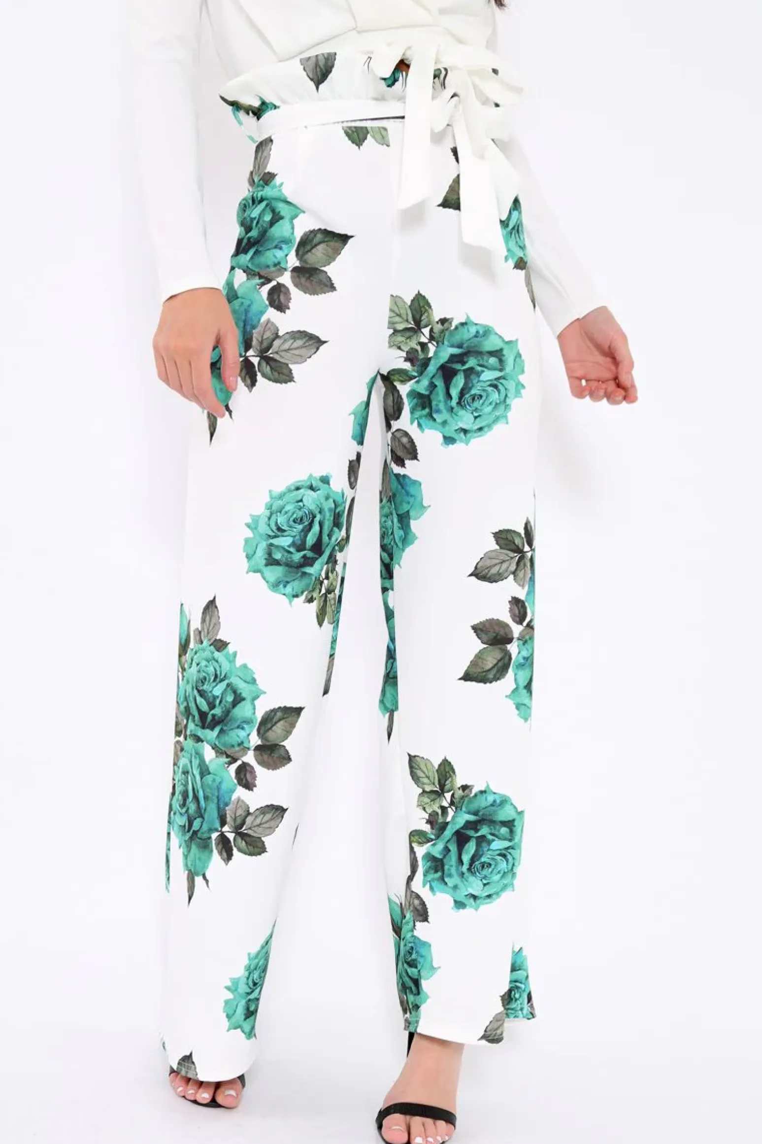 Rebellious Fashion White and Green Floral Paper Bag Tie Waist Wide Leg Trousers - Kennedy