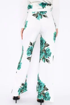 Rebellious Fashion White and Green Floral Paper Bag Tie Waist Wide Leg Trousers - Kennedy