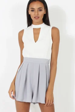 Rebellious Fashion White and Grey High Neck Playsuit - Linda